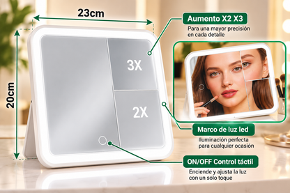 ✨ Espejo de Maquillaje LED con Aumento 2X y 3X