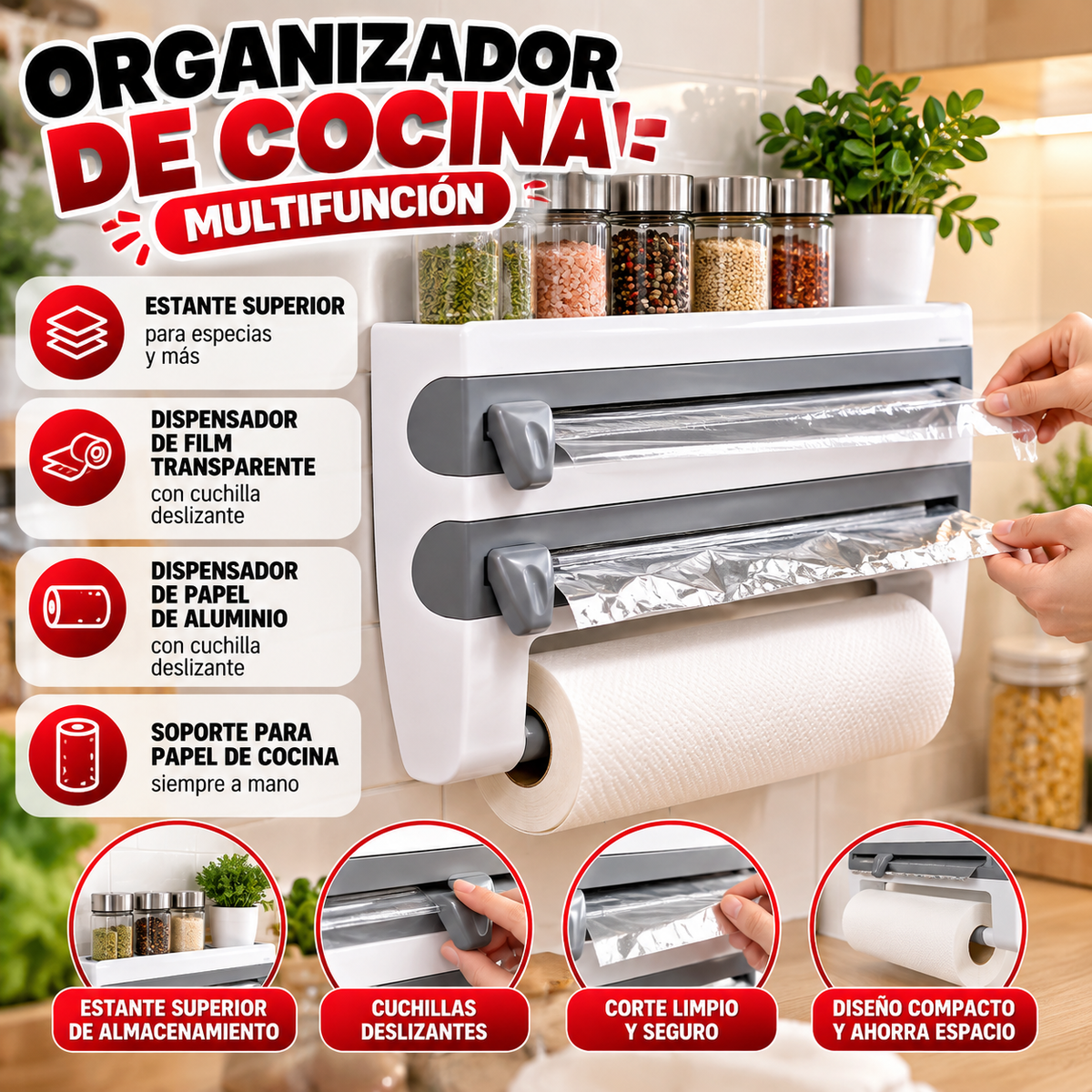 Organizador de Cocina Multifunción 3 en 1 – Dispensador de Pared ✨
