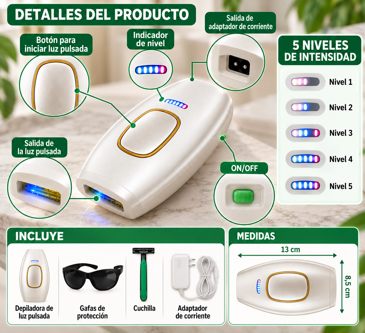Depiladora IPL – 5 Niveles de Intensidad para Uso en Casa ✨