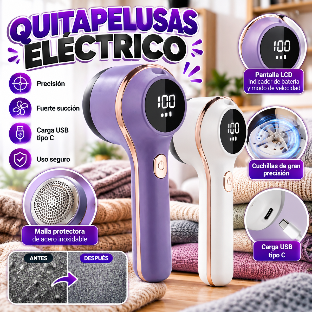 Quitapelusas Eléctrico Recargable con Pantalla LCD ✨