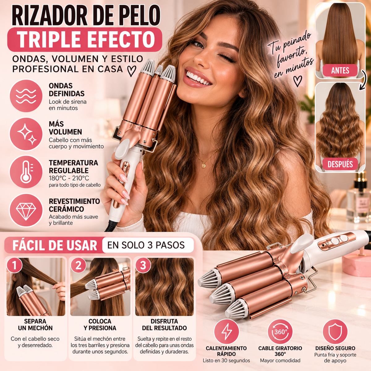 Rizador Triple de Pelo – Ondas Definidas y Volumen ✨