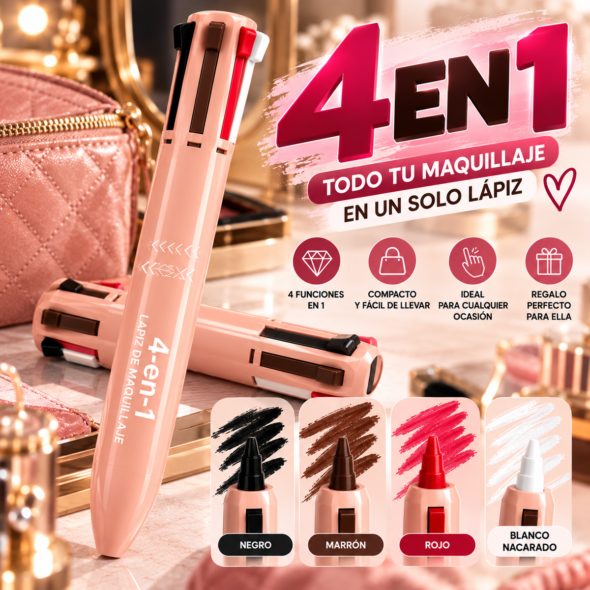 Lápiz de Maquillaje 4 en 1 – Cejas, Ojos, Labios e Iluminador
