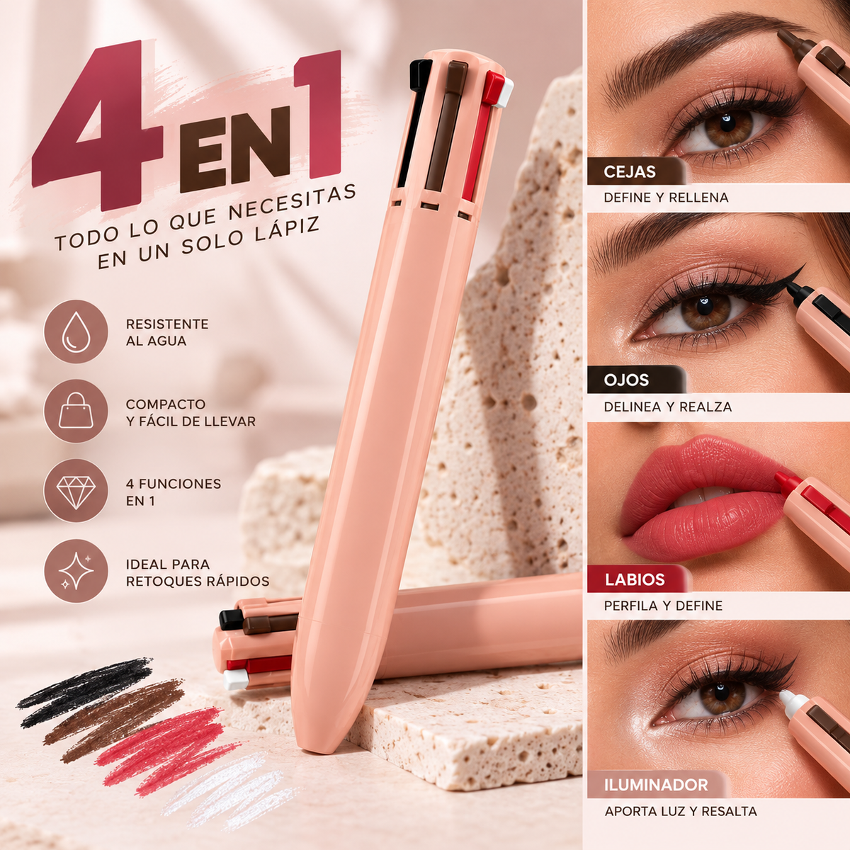 Lápiz de Maquillaje 4 en 1 – Cejas, Ojos, Labios e Iluminador