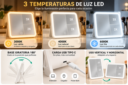 ✨ Espejo de Maquillaje LED con Aumento 2X y 3X