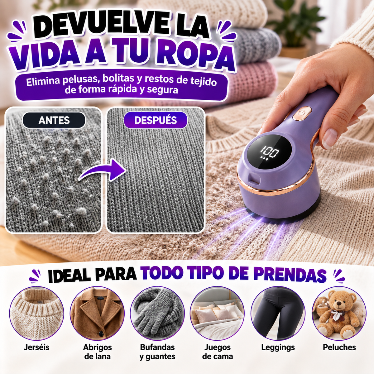 Quitapelusas Eléctrico Recargable con Pantalla LCD ✨