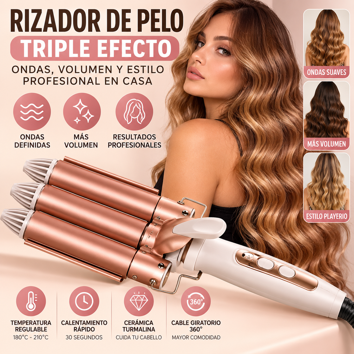 Rizador Triple de Pelo – Ondas Definidas y Volumen ✨